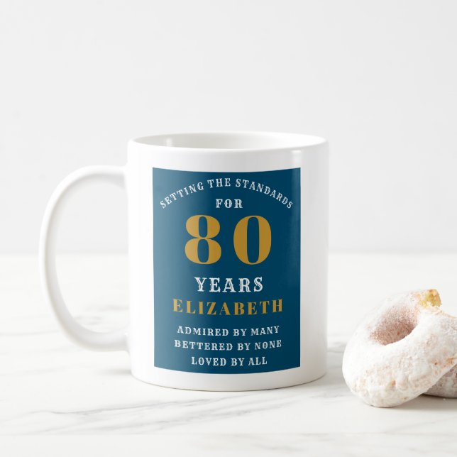 Mug 80th Birthday Blue And Gold Ajouter Votre Nom (Avec donut)