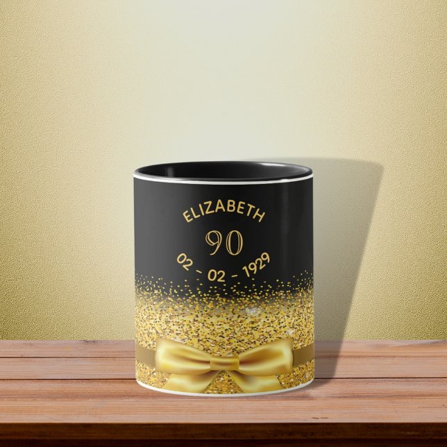 Mug 90e anniversaire noir nom or classique élégant arc (Créateur téléchargé)