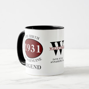 Mug 90th Birthday Monogramme Born 1931 Légende Nom d'a