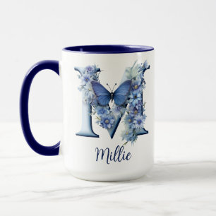 Mug à café bleu floral 15 oz avec monogramme