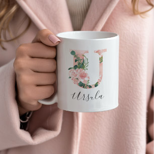 Mug à l'aquarelle florale initiale - U