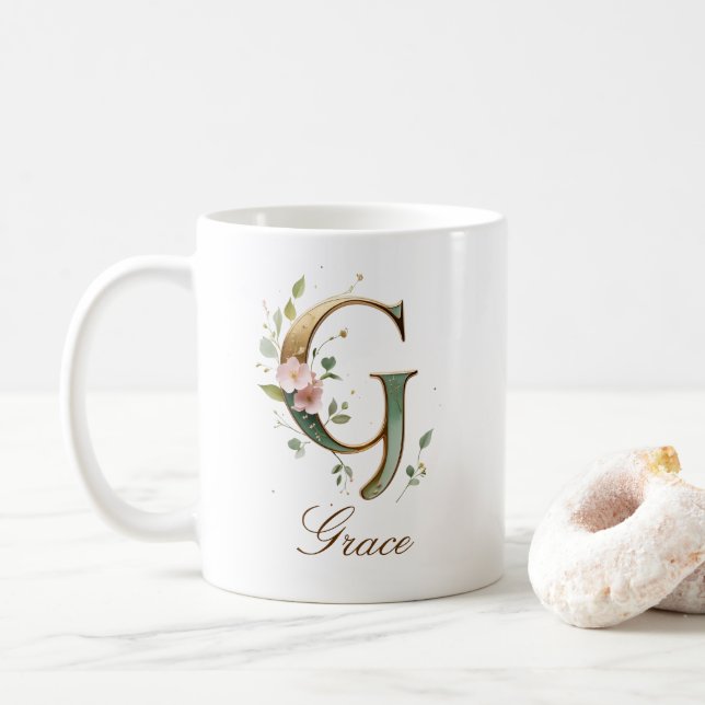 Mug à monogramme lettre G floral or élégant (Avec donut)