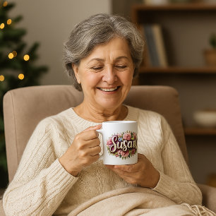 Mug à nom floral Susan – Fleurs de pivoine vintage