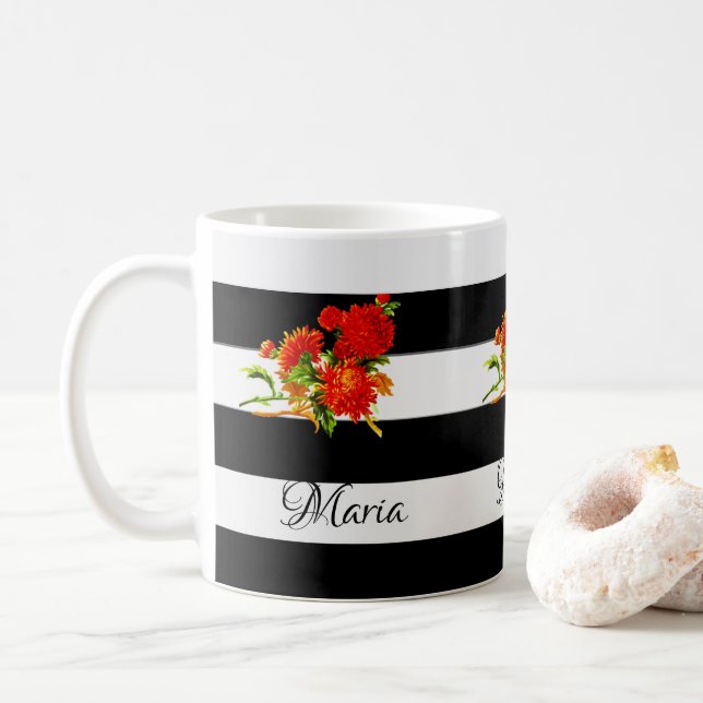 Mug à rayures blanches et noires florales (Avec donut)