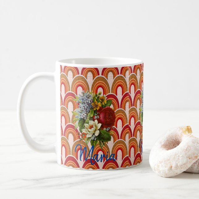 Mug à rayures florales rouge orange (Avec donut)