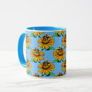 Mug Abeille sur motif de fleur de tournesol bleu