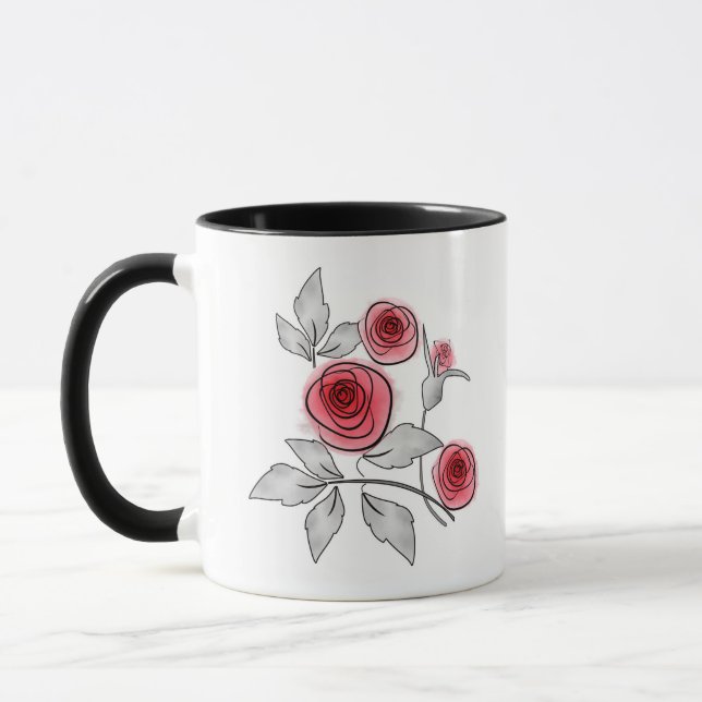 Mug Abstrait moderne fleurs roses rouge gris floral bl (Gauche)