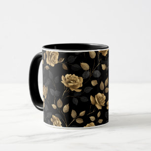 Mug Accent de rose élégant en or sur motif floral noir