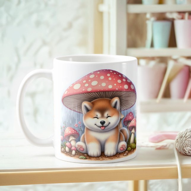 Mug Adorable Akita Inu Chiot Sous Parapluie Champignon (Créateur téléchargé)