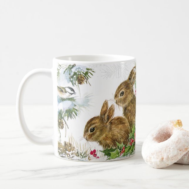 Mug Adorable Vintage Noël Lapin de Neige et Holly (Avec donut)
