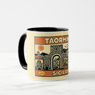 Mug Affiche vintage de Taormine Sicile en gravure sur