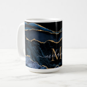 Mug Agate Marine Blue Gold Gemstone Marble Nom du mono