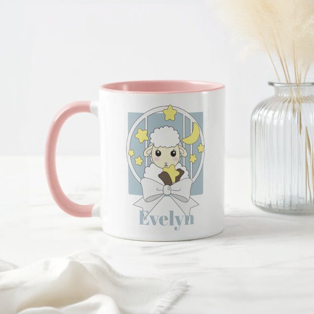 Mug Agneau de dessin Retro Pastel Blue Cute personnali (Créateur téléchargé)