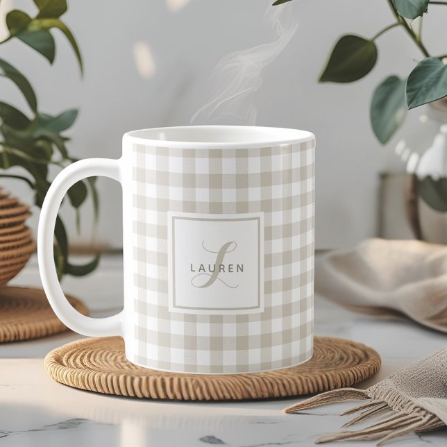 Mug Agritourisme Buffalo Beige Plaid Monogramme (Créateur téléchargé)