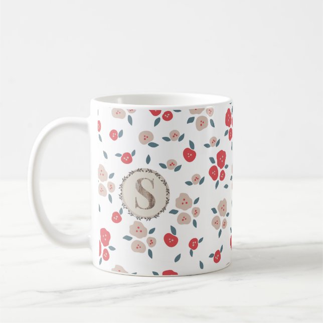 Mug Agritourisme Floral Rouge Tan, Monogramme rustique (Gauche)
