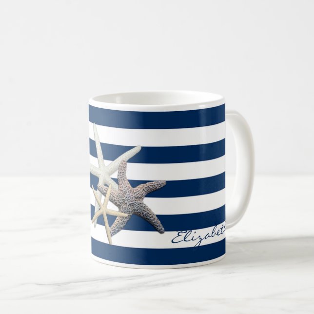 Mug Aimable Starfish, Bleu Marine Bleu Bandes Personna (Devant droit)