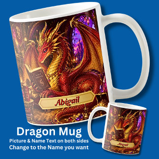 Mug Ajouter Nom, Dragon Fantastique avec Livre & Café 