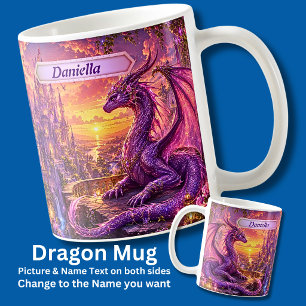 Mug Ajouter un nom Dragon Rose Violet Gardant le Châte