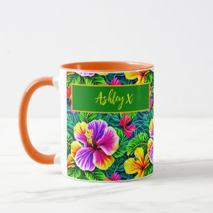 Mug Ajouter un nom Texte Hibiscus tropical Feuille de