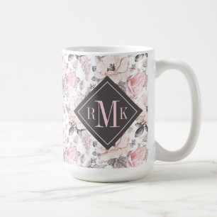Mug Ajoutez votre motifs roses du monogramme et gris
