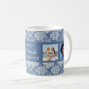 Mug Amis pour toujours photo collage bleu dentelle den