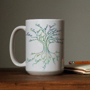 Mug Amour Arbre de Vie Art Blanc Turquoise Coeurs Bleu