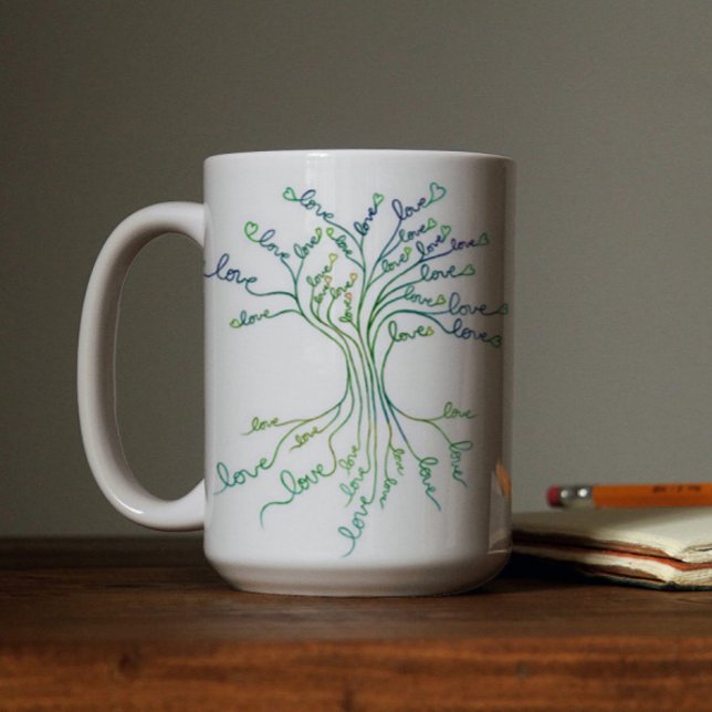 Mug Amour Arbre de Vie Art Blanc Turquoise Coeurs Bleu (Créateur téléchargé)