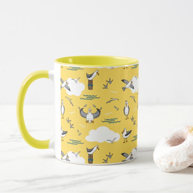 Mug Amusement cool Flock de mouettes Ciel jaune et nua (Avec donut)