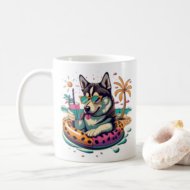 Mug Amusement d'été avec un Cool Husky Dog mignon en p (Avec donut)