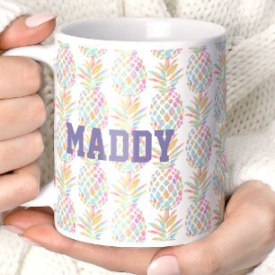 Mug Ananas Aquarelle Arc-en-Ciel Monogrammé Tropical