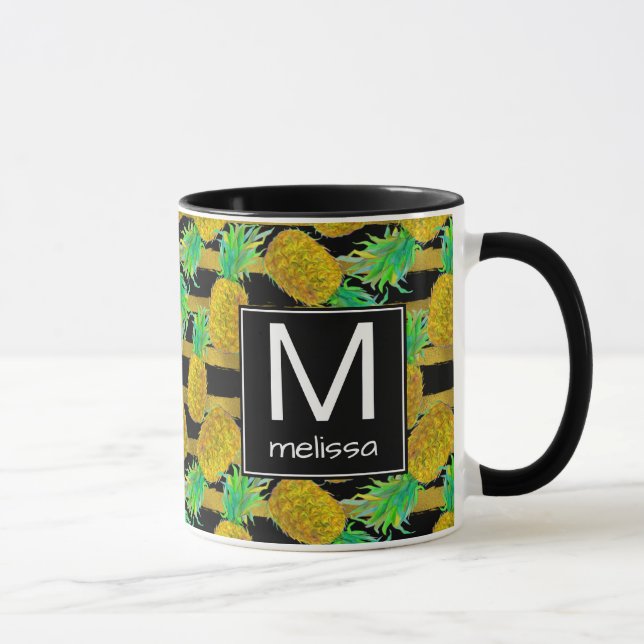 Mug Ananas d'or sur le monogramme des rayures | (Droite)