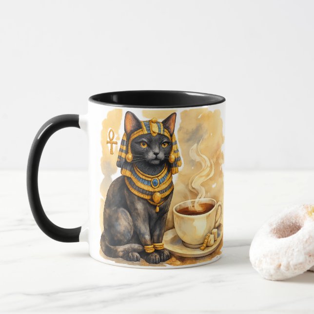 Mug Ancient Egyptian Cat Mystical Bastet Art (Avec donut)