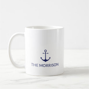 Mug Ancrage nautique bleu marine blanc Personnalisé No