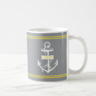 Mug Ancrage vintage et rayures gris, jaune nautique
