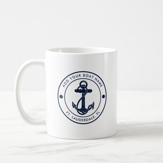 Mug Ancre bleue marine personnalisée Nom du bateau (Gauche)
