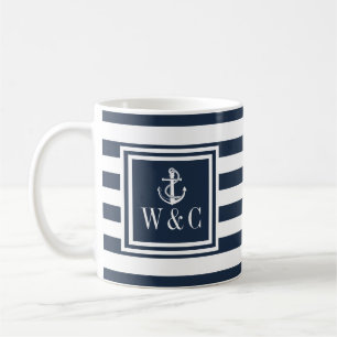 Mug Ancre de bateau nautique Monogram Navy Blue Stripe