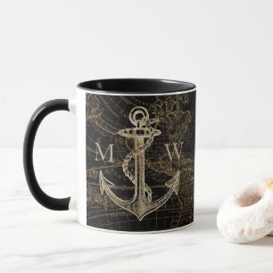 Mug Ancre nautique Carte Monogramme Noir
