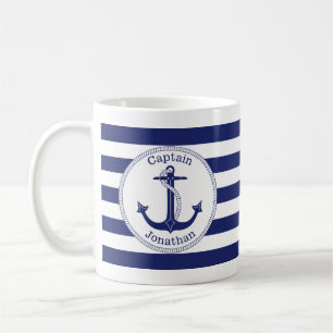 Mug Ancre nautique Marine Bleu Capitaine Personnalisé