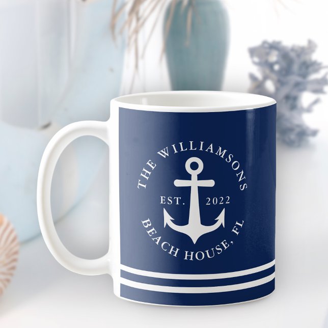Mug Ancre nautique Marine Blue Beach Maison Nom de fam (Créateur téléchargé)