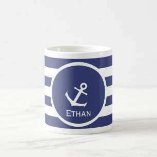 Mug Ancres blanches de bateau avec les rayures bleues