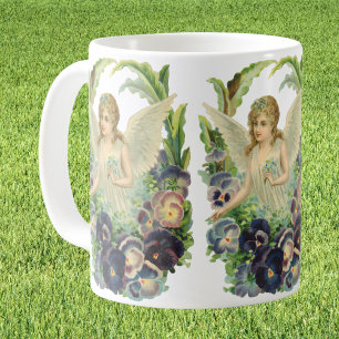 Mug Ange de Pâques victorien avec Fleurs de Pansy Viol