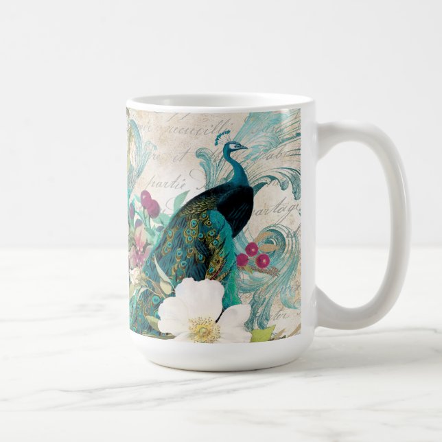 Mug Antique Peacock Illustré & Fleurs Grunge (Droite)