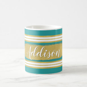 Mug Aqua Blue Gold Stripe Motif Nom personnalisé