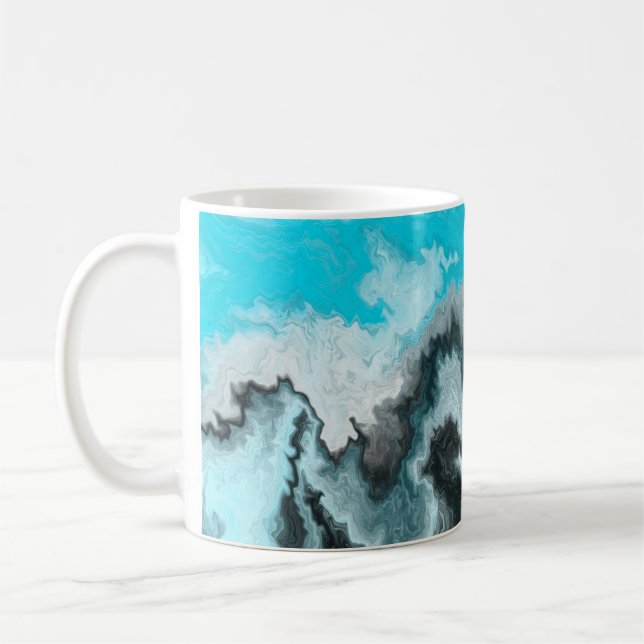 Mug Aqua Blue Grey et Black Waves Art moderne Abstrait (Gauche)