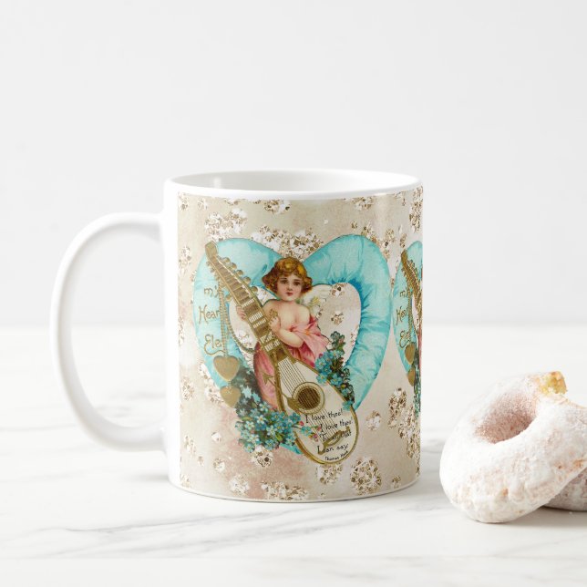Mug Aqua Heart Golden Cherub & Harp Bokeh Bling (Avec donut)