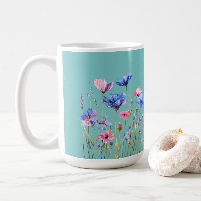 Mug Aqua Sky Blue avec Fleurs sauvages rose et bleu (Avec donut)