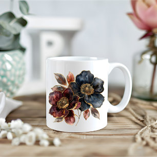 Mug Aquarelle audacieuse or noir fleurs bordeaux