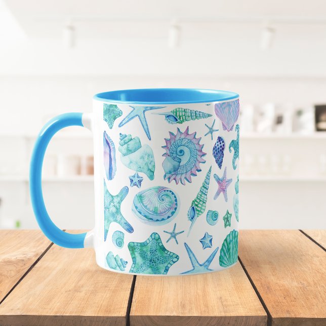 Mug Aquarelle bleu côtier Coques de mer et Starfish (Coastal Blue Watercolor Sea Shells and Starfish Mug)