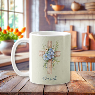 Mug Aquarelle bleu Floral Croix personnalisée