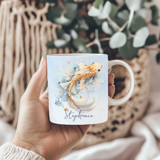 Mug Aquarelle bleu or Koi poisson personnalisé (Blue Watercolor Gold Koi Fish Personalized Coffee Mug
)